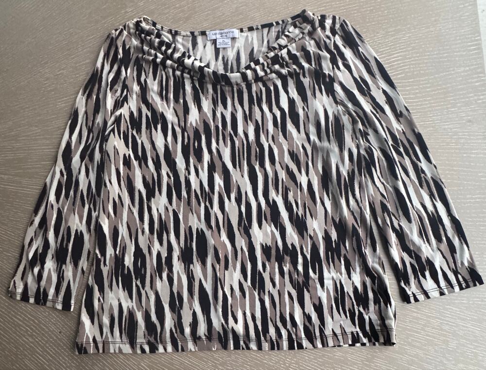 Liz Claiborne Petite Blouse PL Abstract Pattern Drape Neck 3/4 Sleeve